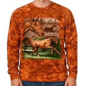 VTG Perrin Horse Graphic Tie Dye Shirt Large Orange Brown 90s Animal Nature